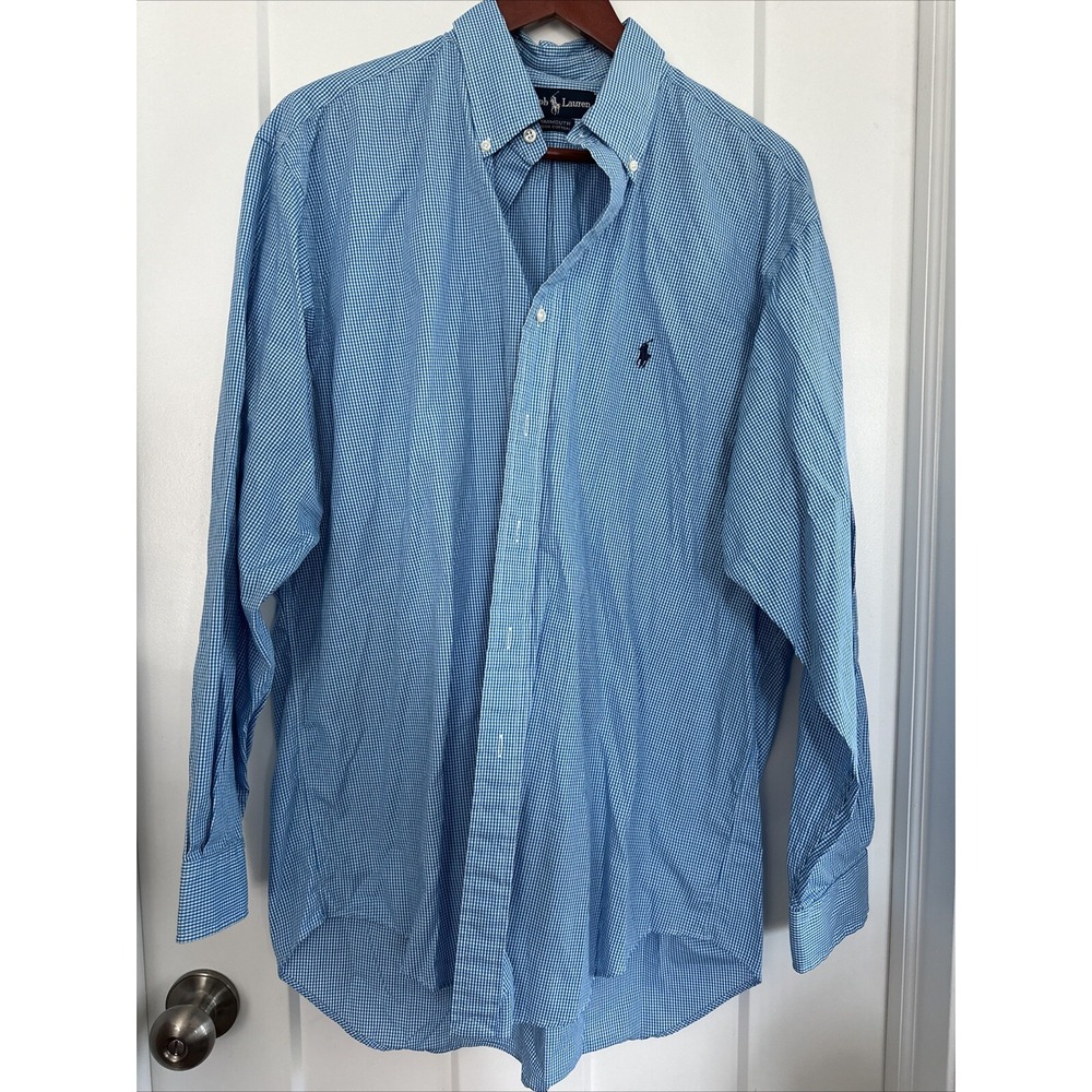 Ralph Lauren Blue Check Plaid Yarmouth Cotton 16 1/2 34/35 Button Down Dress